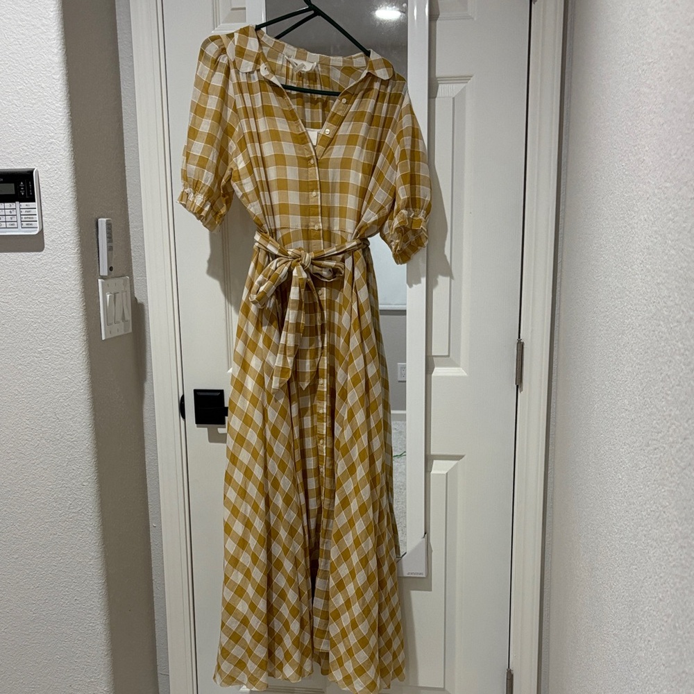 THE GREAT. Mustard Check Long Sleeve Dress